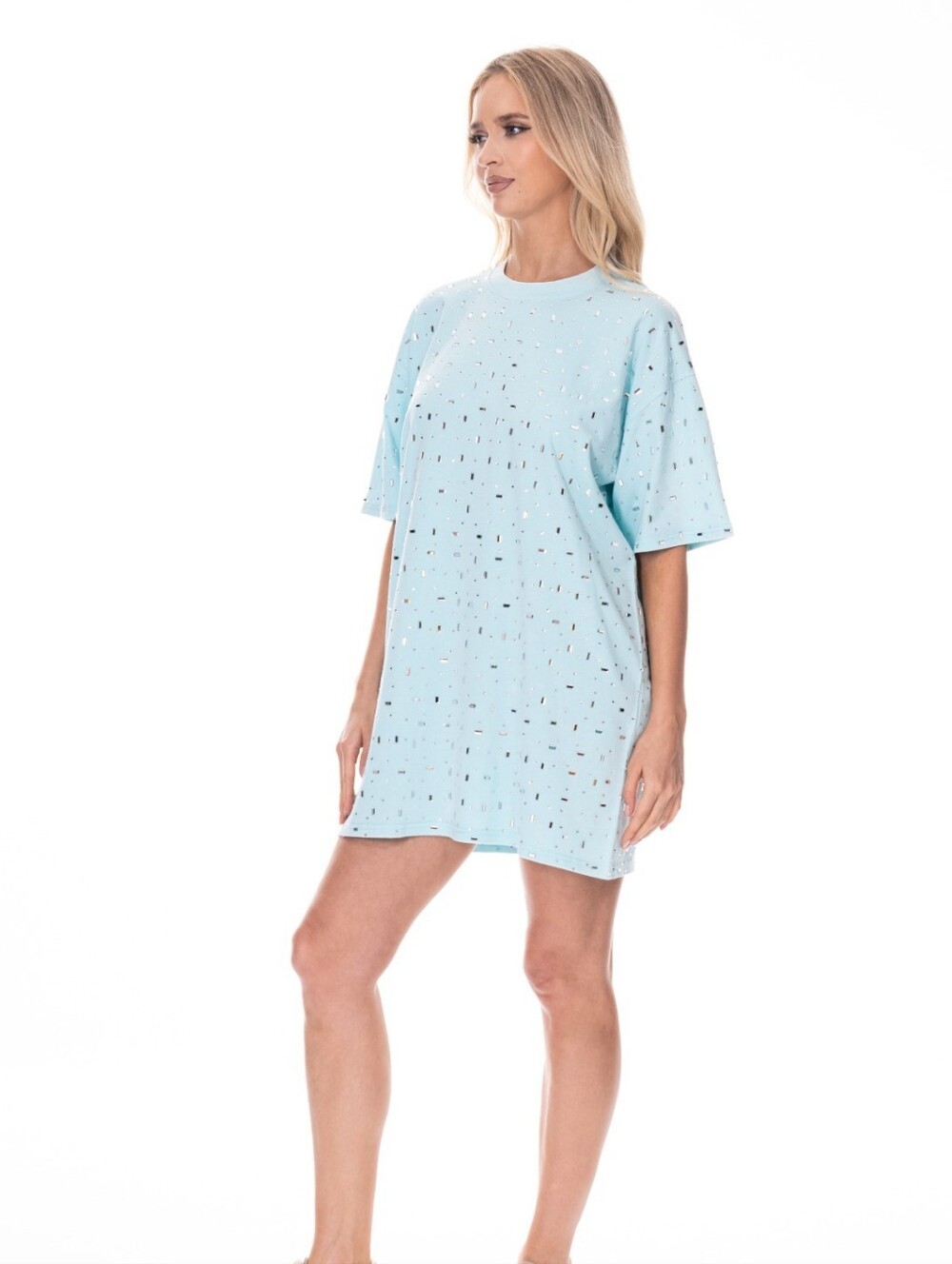 100% Cotton Rhinestone Light Blue Distressed Wash Effect Oversized Tee Dress